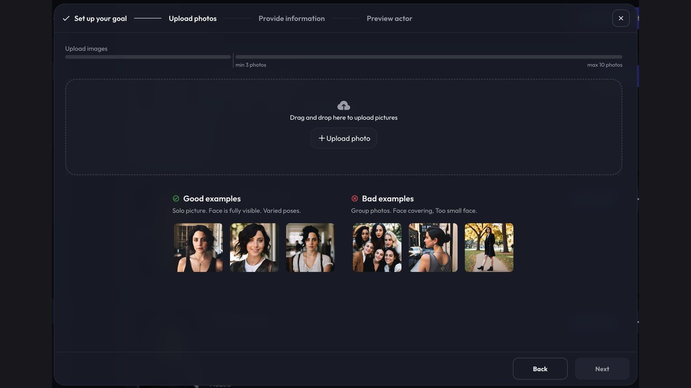 ArtFlow Actor Studio: the upload step, with photo limits and good/bad examples