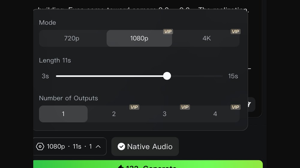 Kling generation settings: 1080p, 11 seconds, one output, 132 credits