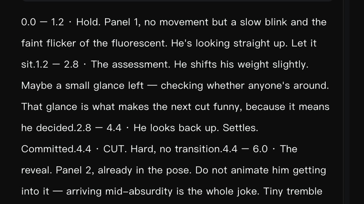 A Kling prompt written as a numbered timeline of beats