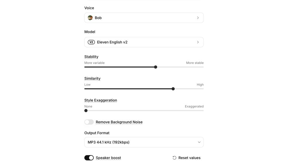 ElevenLabs Voice Changer settings panel