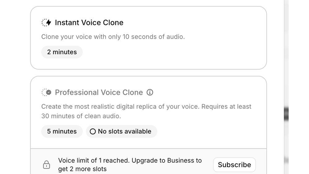 ElevenLabs clone types and their audio requirements