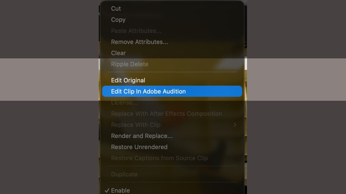 Premiere right-click menu with Edit Clip In Adobe Audition highlighted