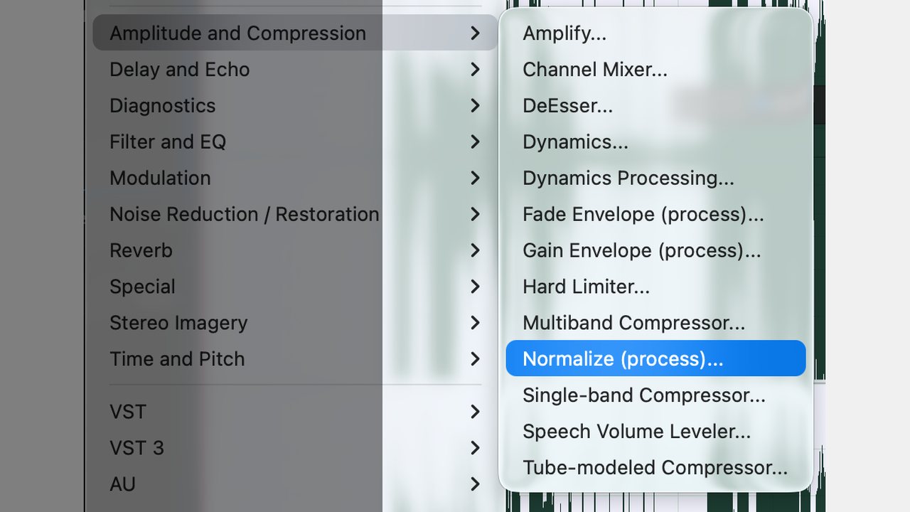 Adobe Audition Effects menu, Amplitude and Compression submenu, Normalize highlighted