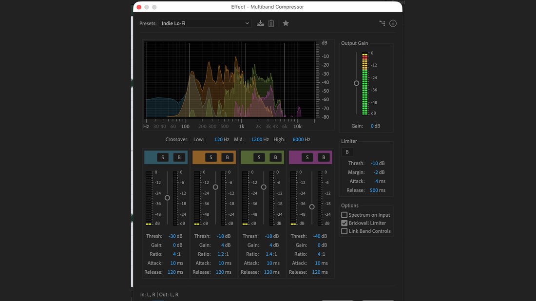 Multiband Compressor panel with the Indie Lo-Fi preset loaded
